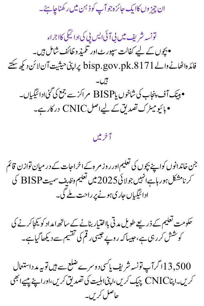 Learn all the details on the July 2025 release of the BISP Taleemi Wazaif payment in a few districts.
